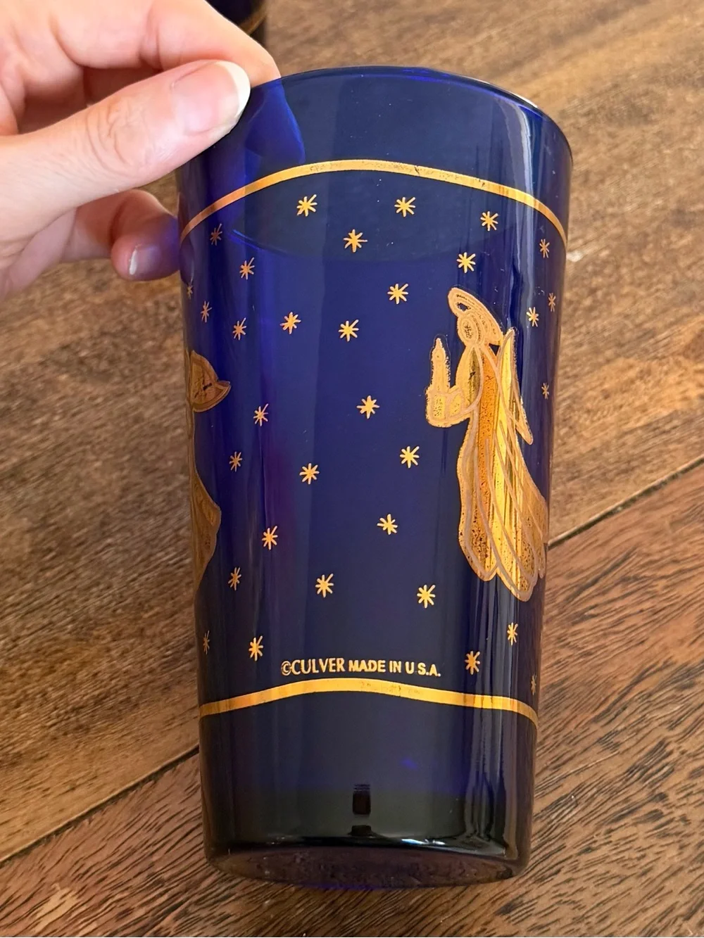 MCM Glassware: Vintage Culver Cobalt Blue and 22K Gold Angel Tumblers